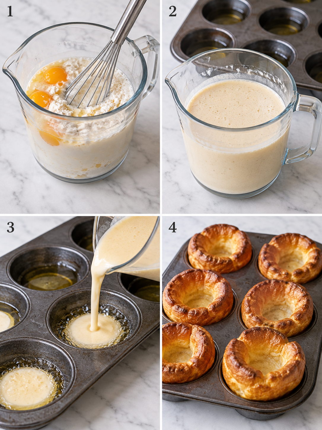 Four steps for making Yorkshire puddings in a muffin tin