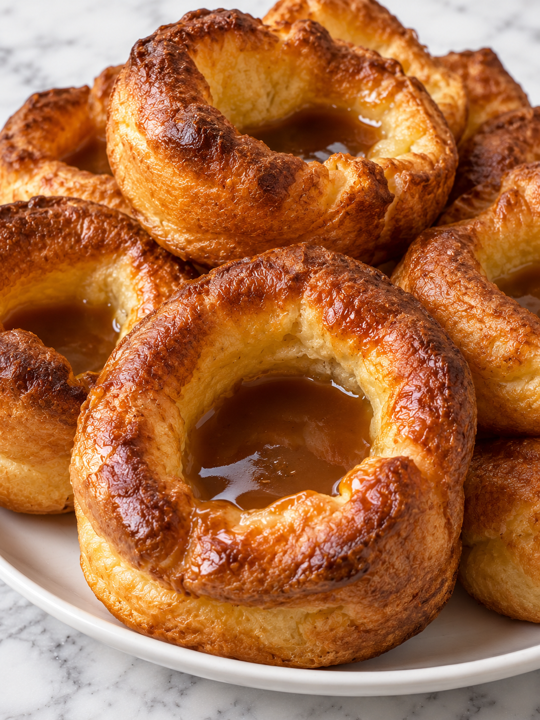 Golden Yorkshire puddings filled with gravy on a serving plate